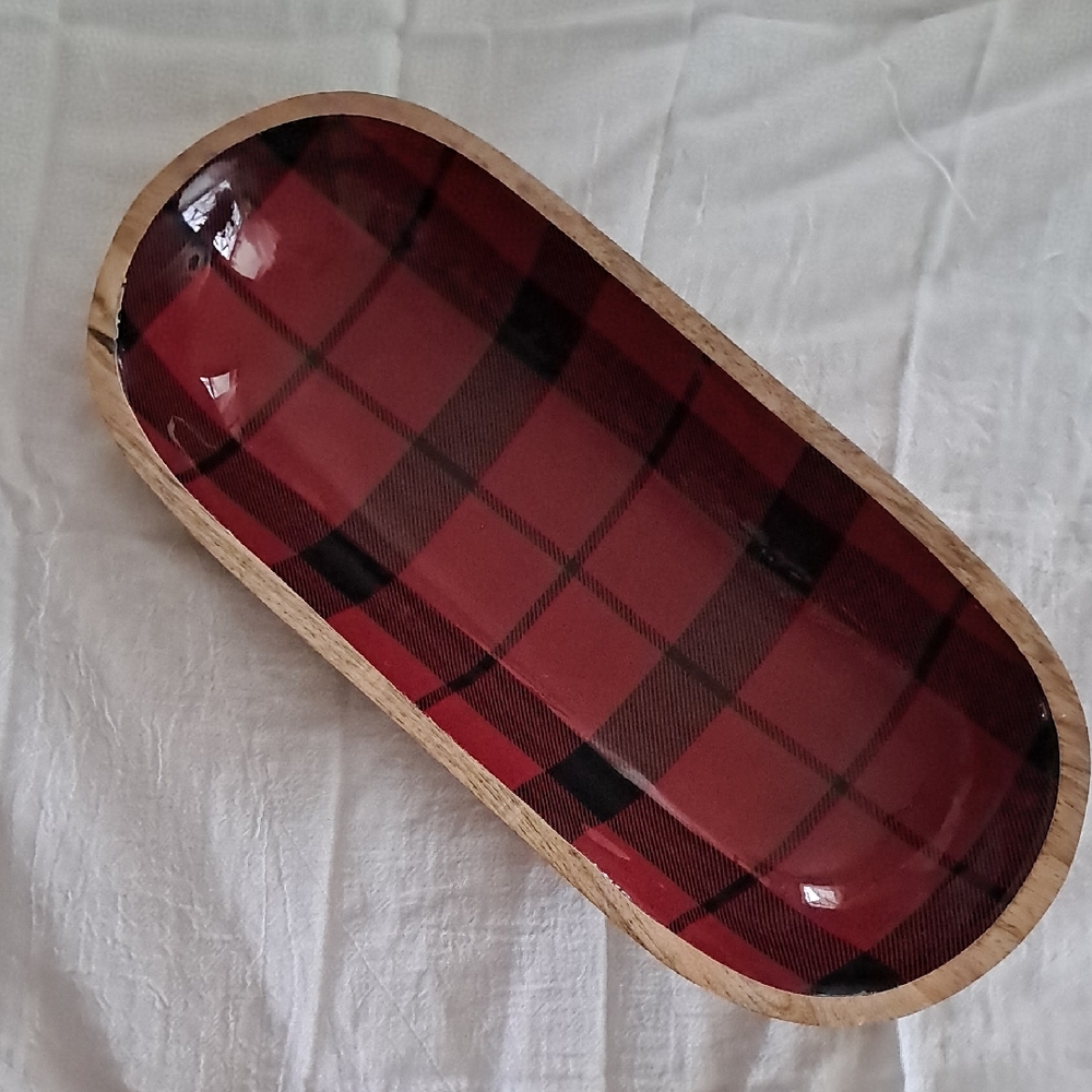 Red Plaid Oval Serving Tray
